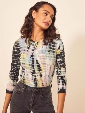 Reformation Eddie Long Sleeve Tee In Black Rainbow Pistachio Stripe Size M